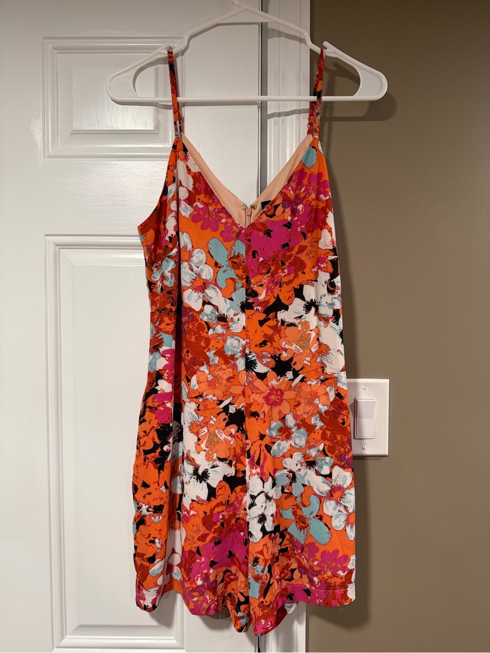 Design Lab Lord & Taylor Orange Pink Floral Spaghetti-Strap Mini romper